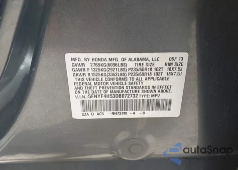 2013 Honda Pilot Ex-L from USA, damaged, VIN 5FNYF4H53DB072732